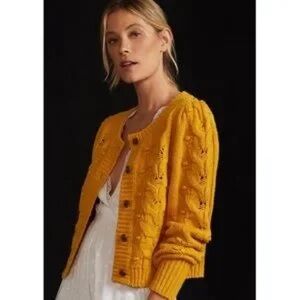 Anthropologie Maeve Mustard Cable Knit Cardigan xl
